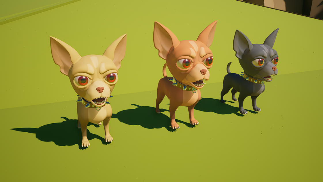 Three stylized 3D chihuahua characters from Crankles Improved